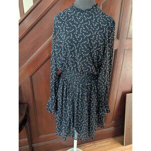 Yas Navy Blue Floral Long Sleeve Ruffle Mini Dress Smocked Waist  Size M